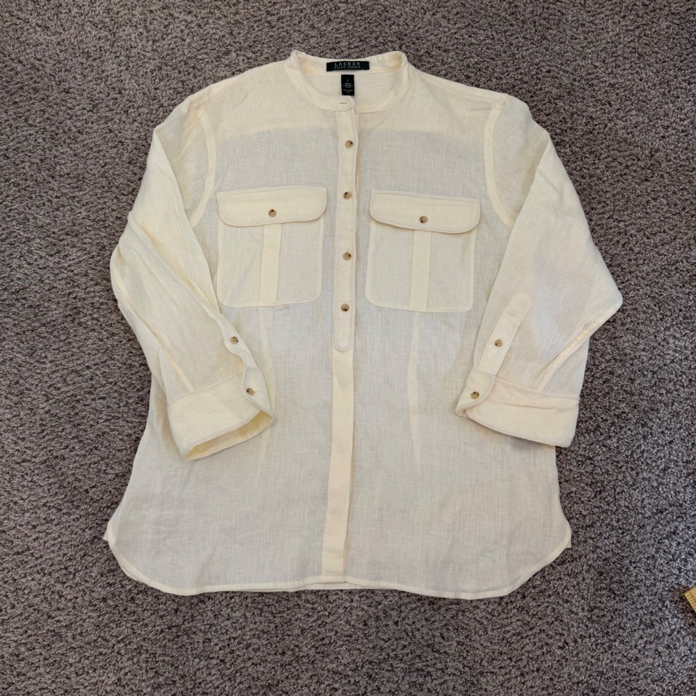 Lauren Ralph Lauren Pale Yellow Linen Band Collar Button Up Tunic Shirt Womens L